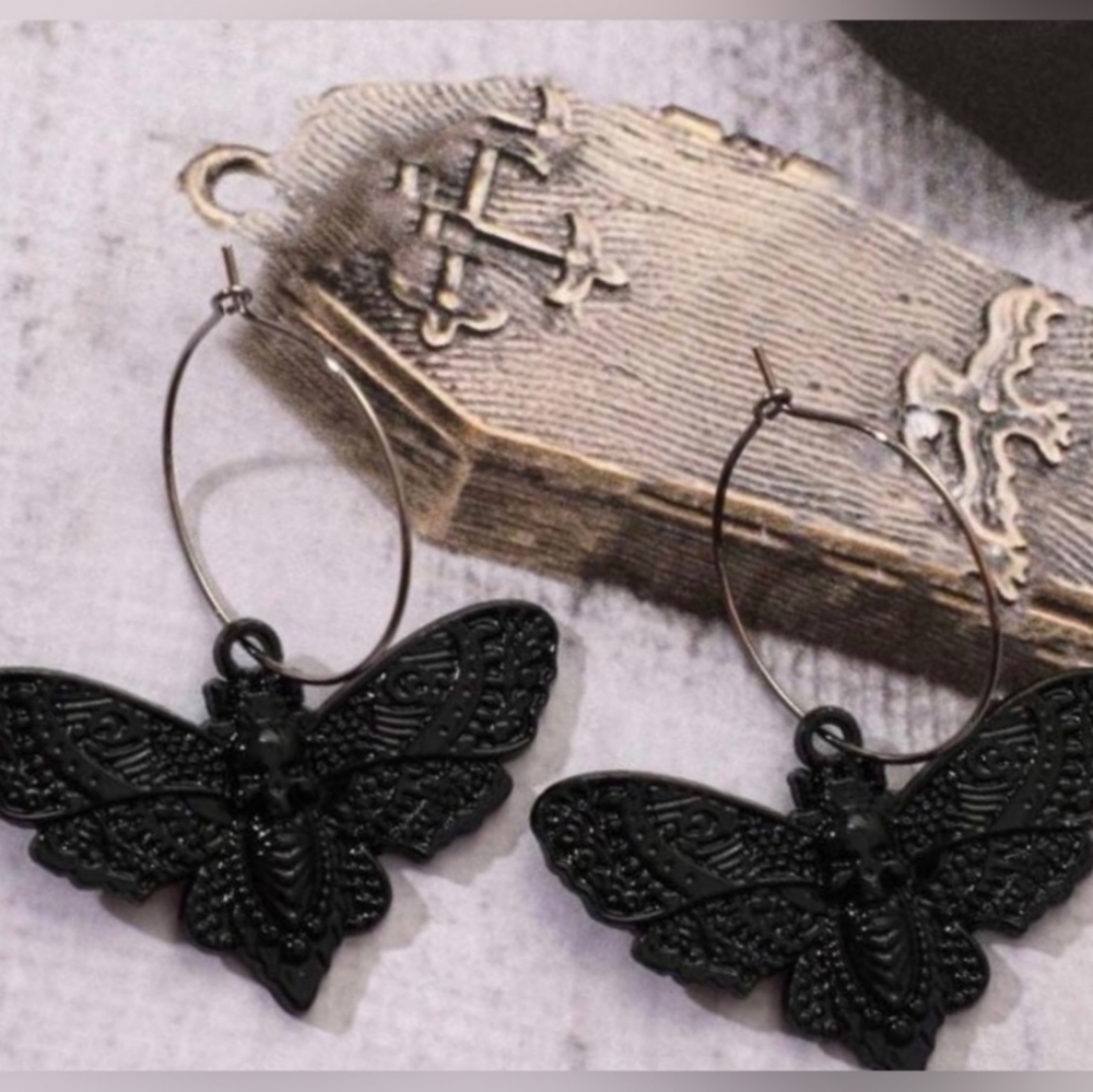 🎀3/$30 NEW Death Moth Hoop Earrings Witchy Butterfly Mothra Skull Goth Academia